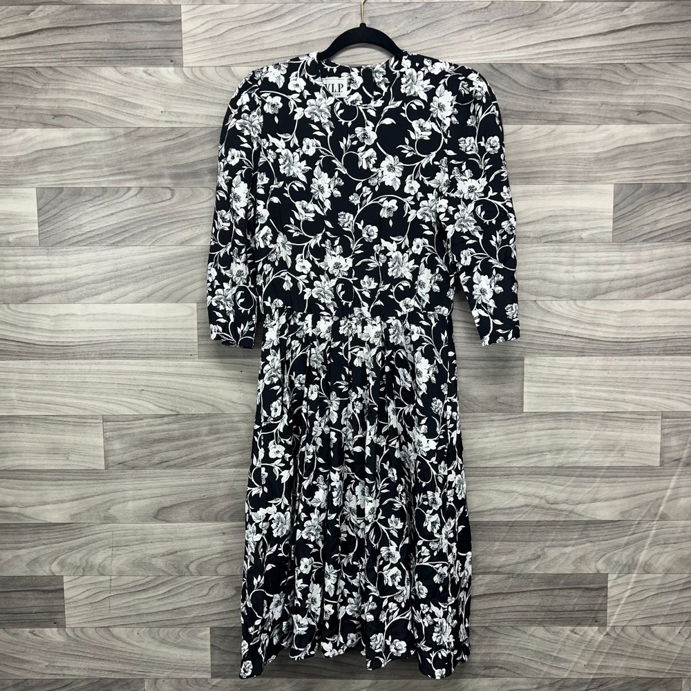 VTG Midi Dress Women Sz 4 Petites Black Floral 3/4 Sleeve Stretch‎ Button Front